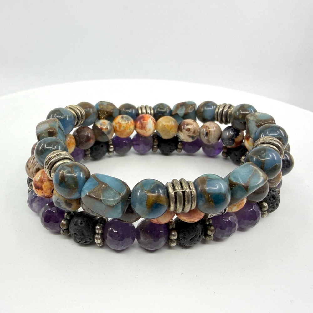 Y2K Multi-Strand Gemstone Bracelet Set 3 Pc Stacking Layered Beads Classic Gift